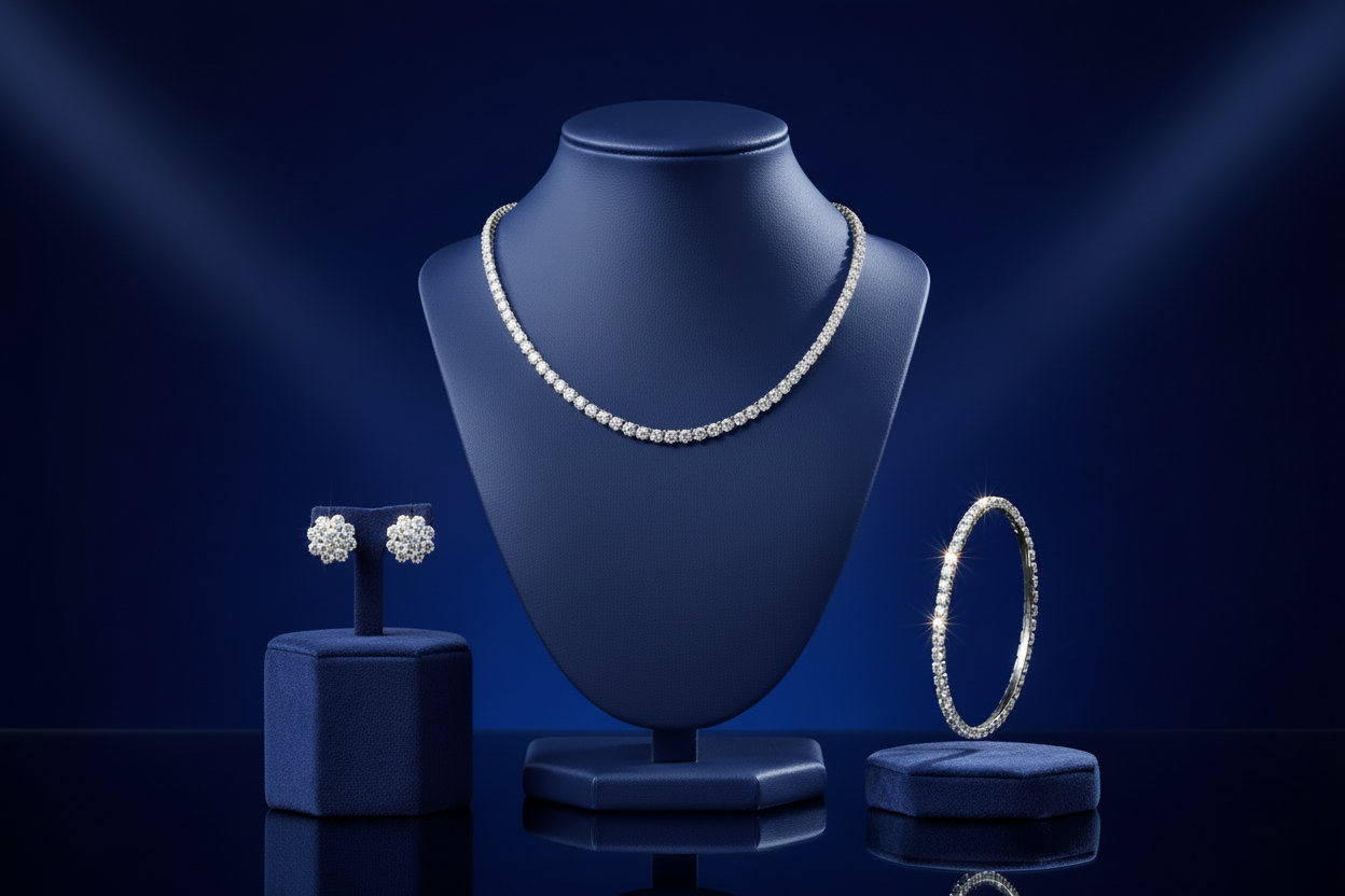Jewelry display with blue mannequin