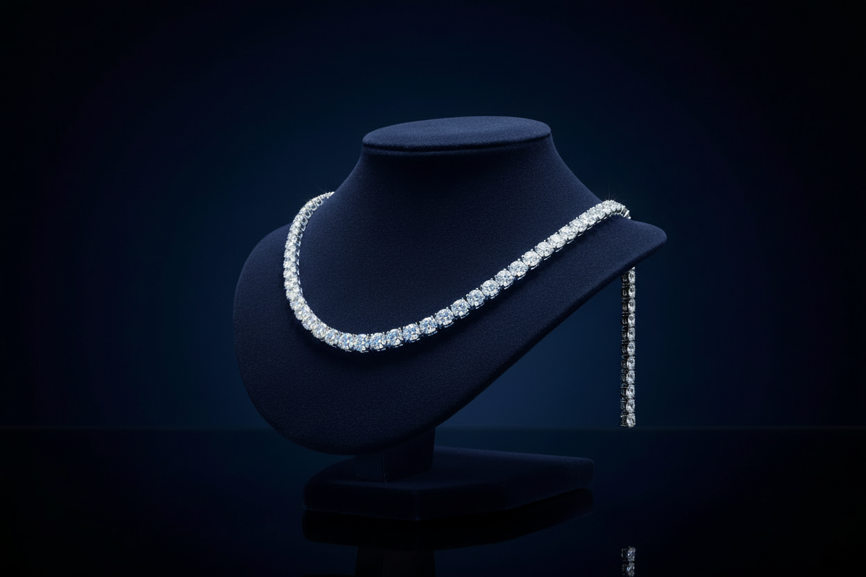 Jewelry display with blue mannequin